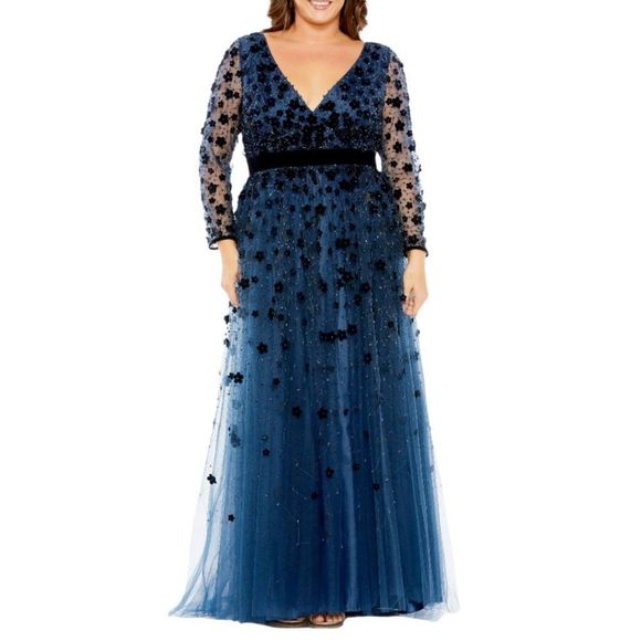 Mac Duggal 68440 Size 20W 20 Navy Floral Applique Long Sleeve A Line Gown Dress - Picture 2 of 4